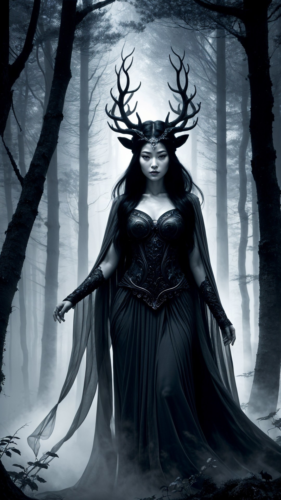 Mysterious Figure in Misty Forest with Antlered Crown