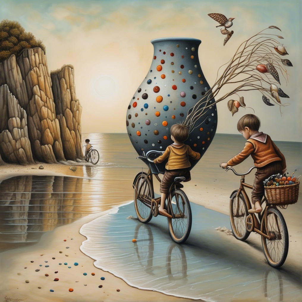 Children Riding Bicycles at Sunset on the Beach