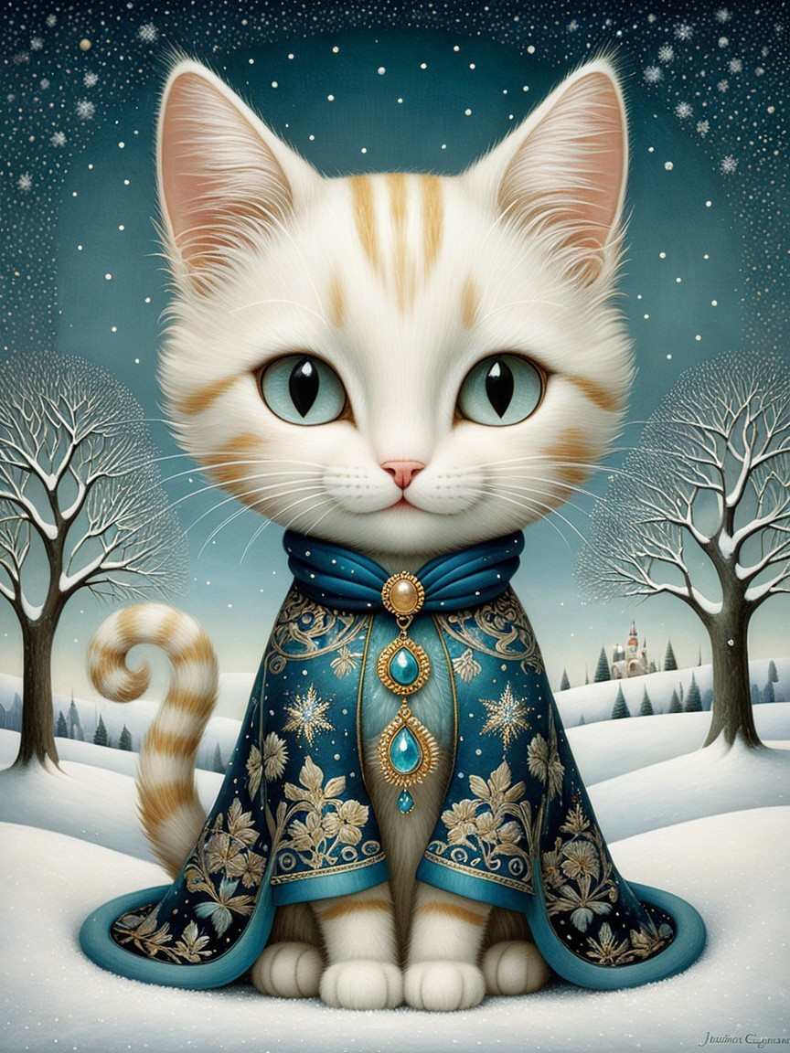 Cartoon Cat in Snowy Landscape with Blue Cloak