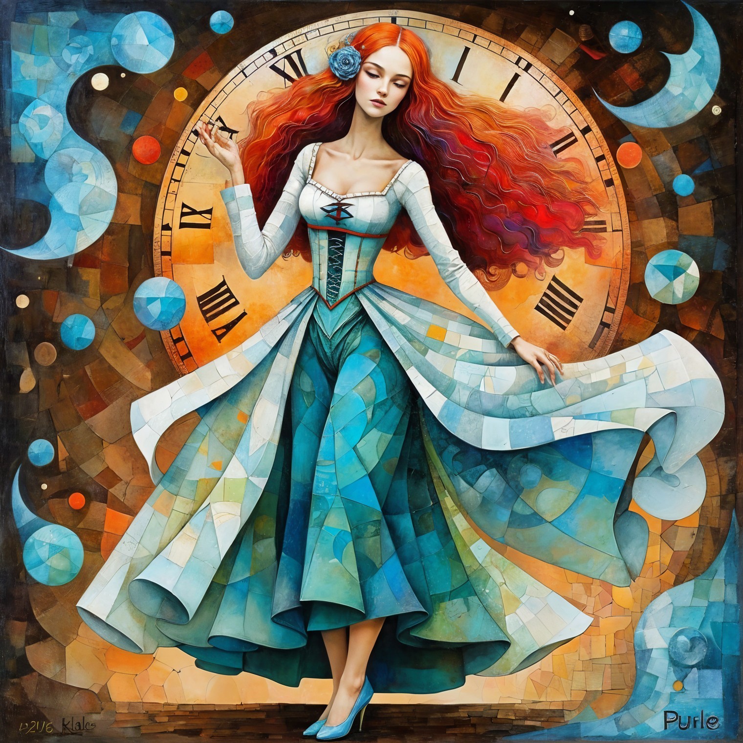Woman in Turquoise Gown Against Clock Background