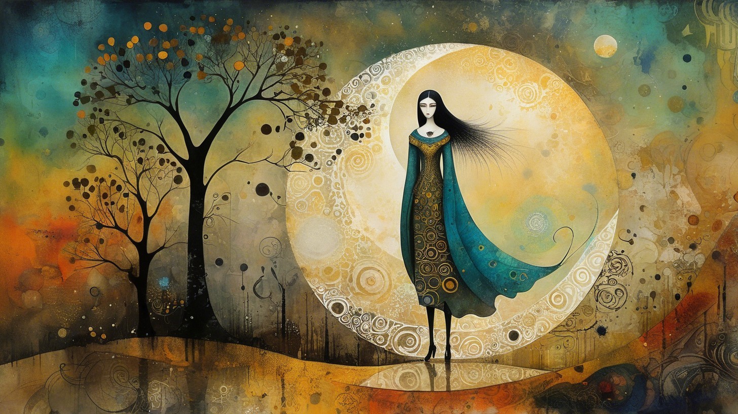 Mystical Scene with Crescent Moon and Vibrant Colors