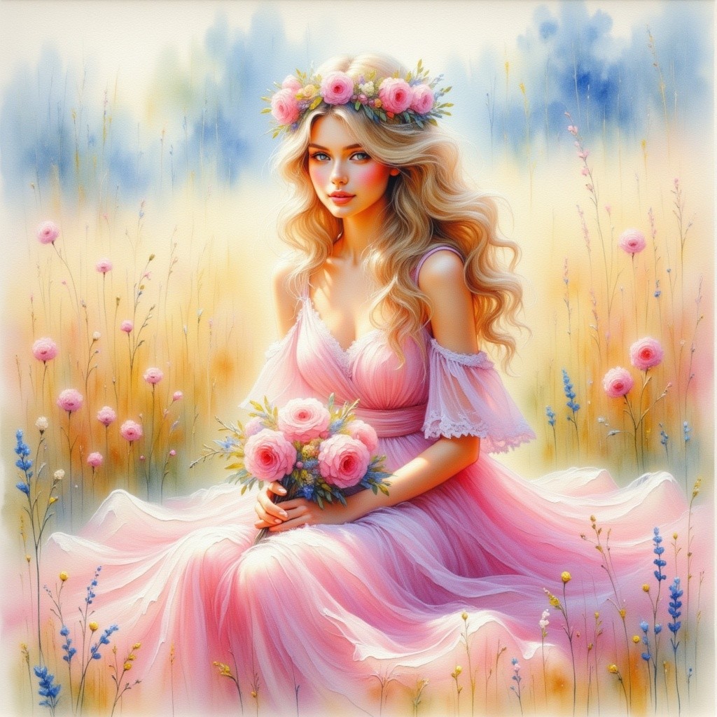 Young woman in pink dress among colorful wildflowers