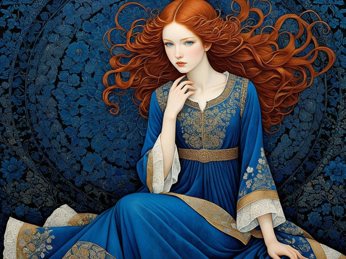 Young woman in blue dress with red hair and floral backdrop