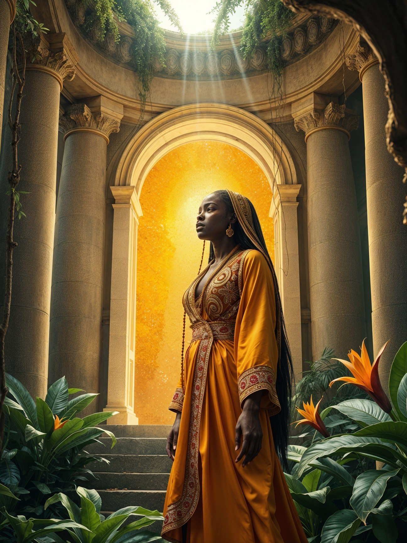 Elegant Woman in Golden Gown with Lush Backdrop