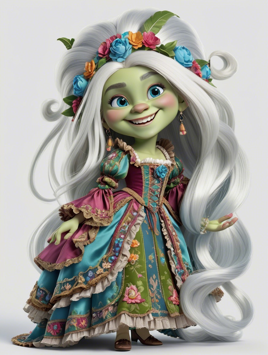 Whimsical Animated Character with Green Skin and Silver Hair