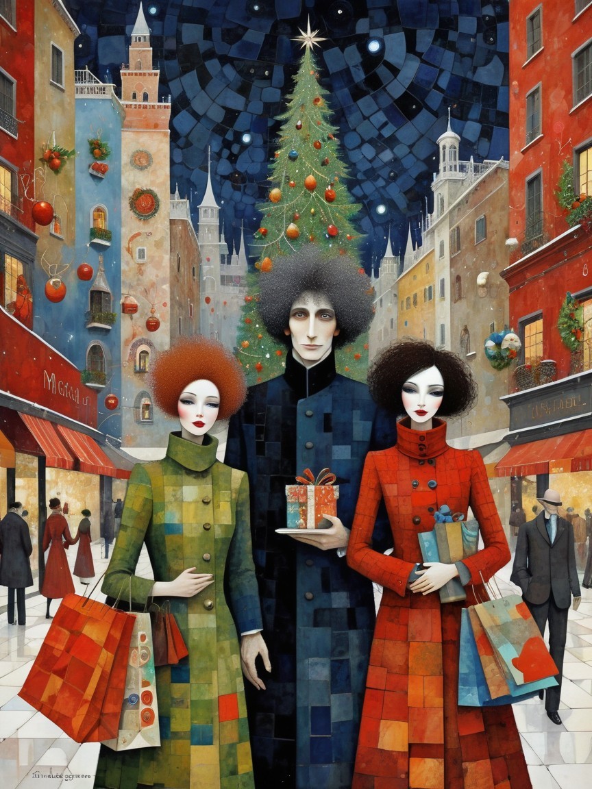 Cartoonish Characters on a Christmas Street at Night