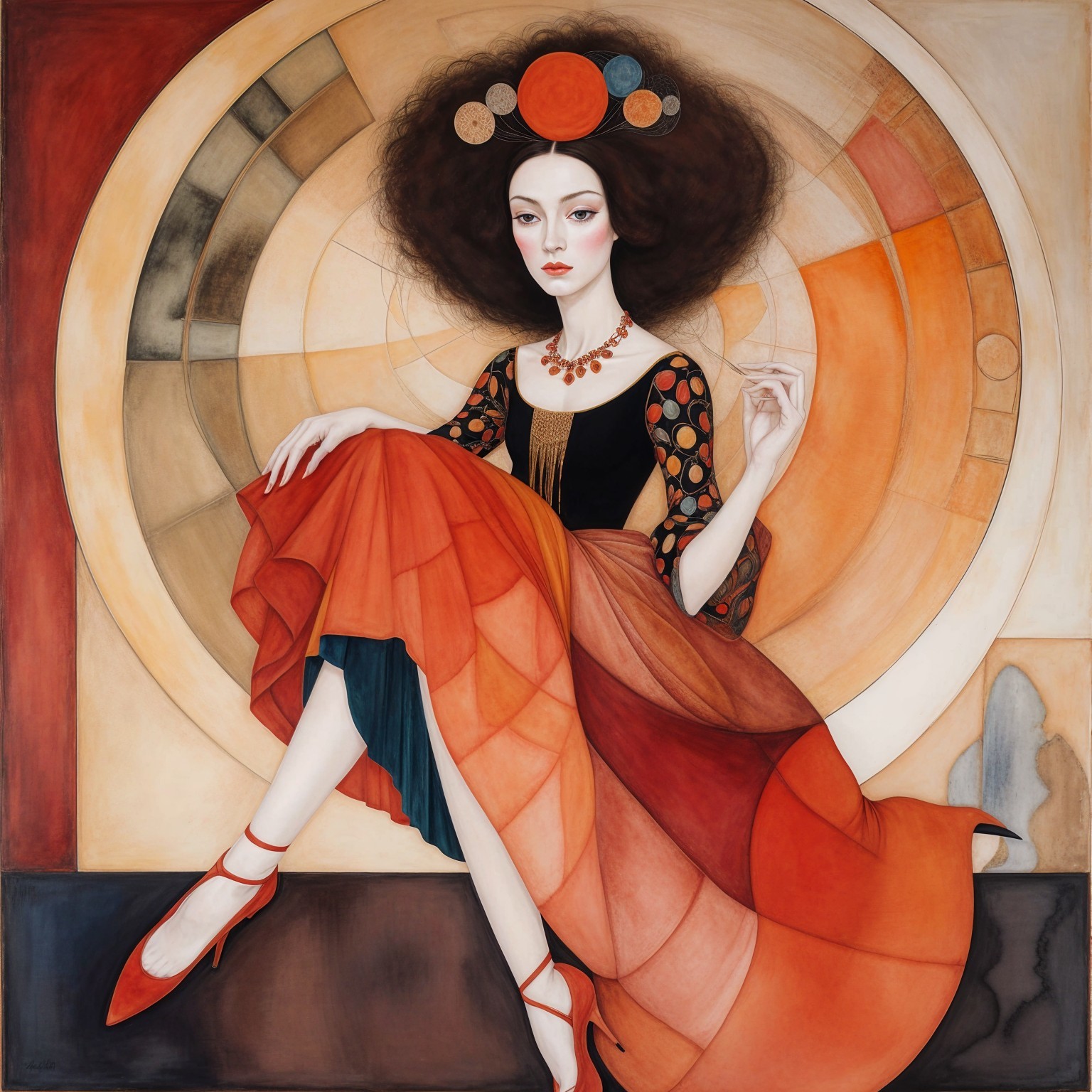 Elegant Woman in Multi-Colored Dress Against Geometric Background