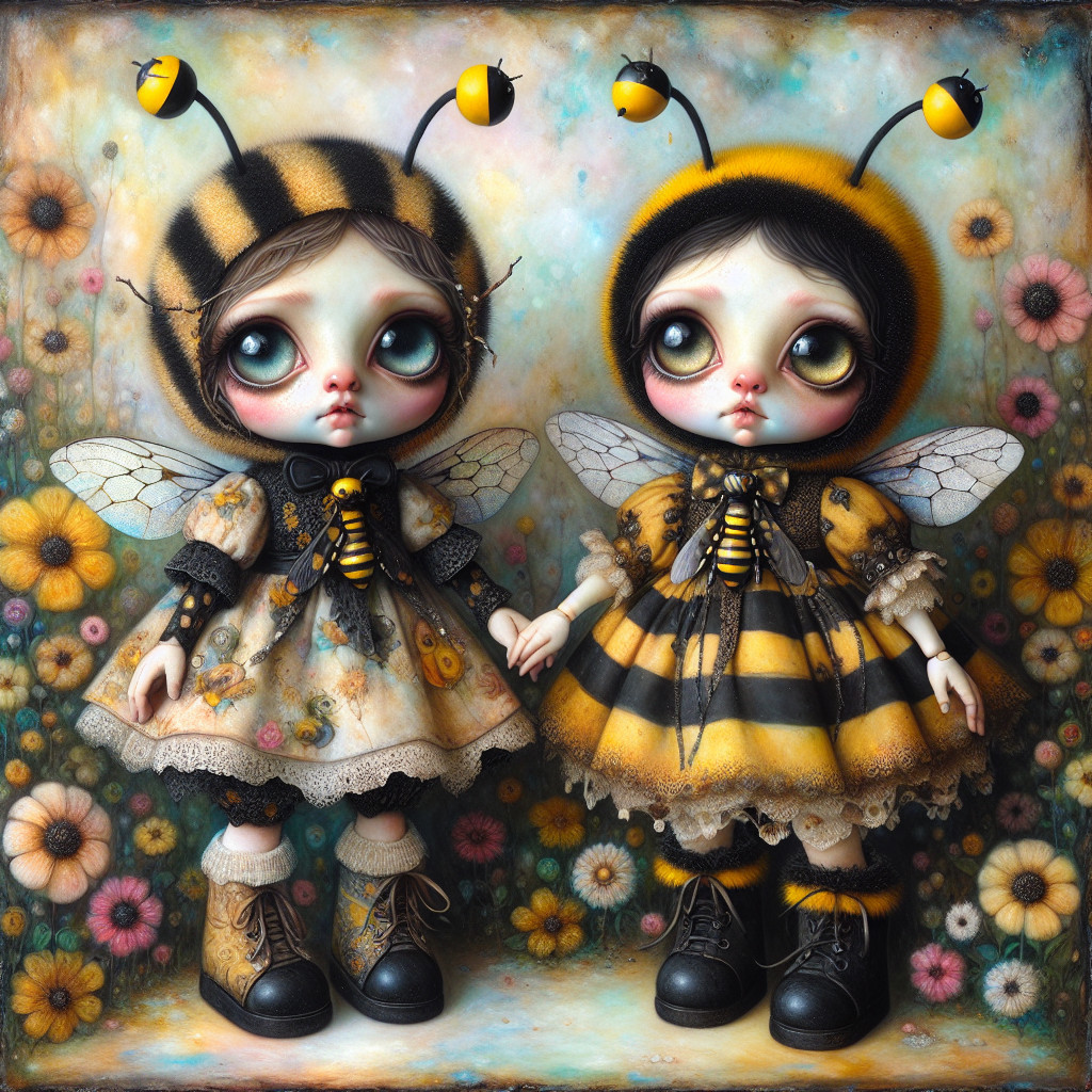 Whimsical Bee Dolls in a Colorful Flower Meadow