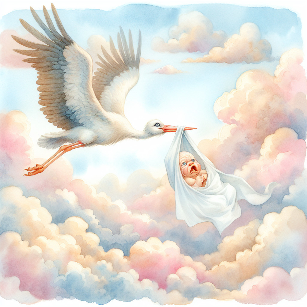 Whimsical Stork Illustration with Baby in Clouds