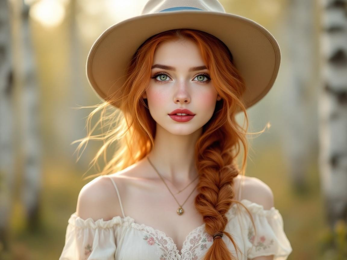 Young woman with red hair in sunlit forest setting