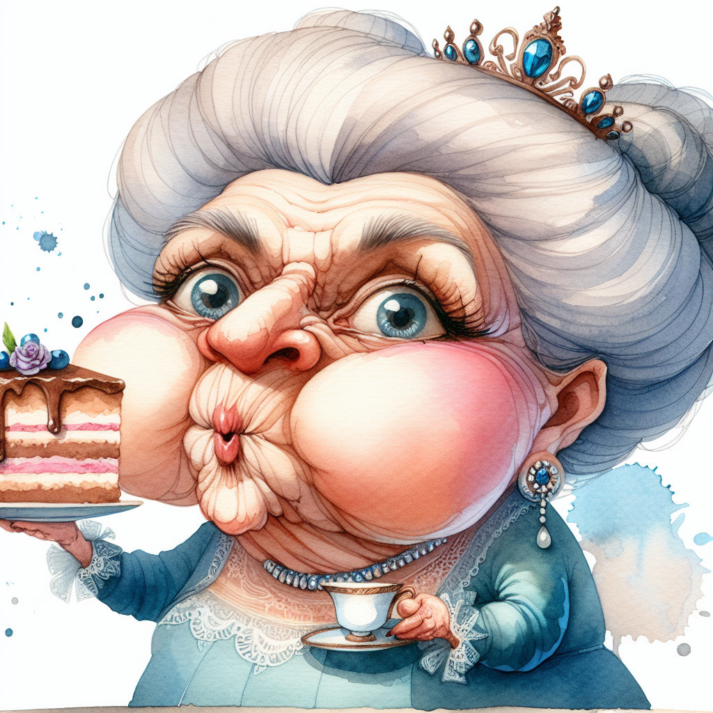 Whimsical Illustration of an Elderly Lady with Cake