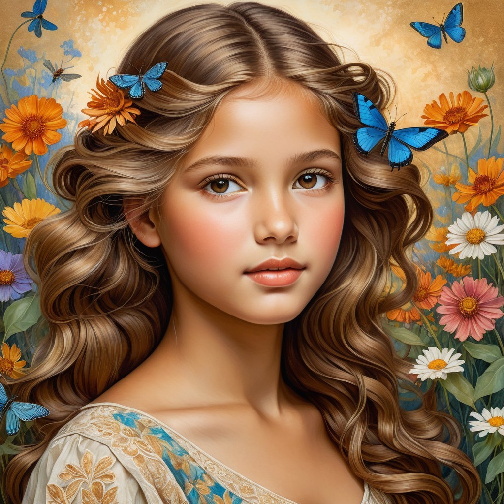 Young girl with butterflies in a floral garden setting