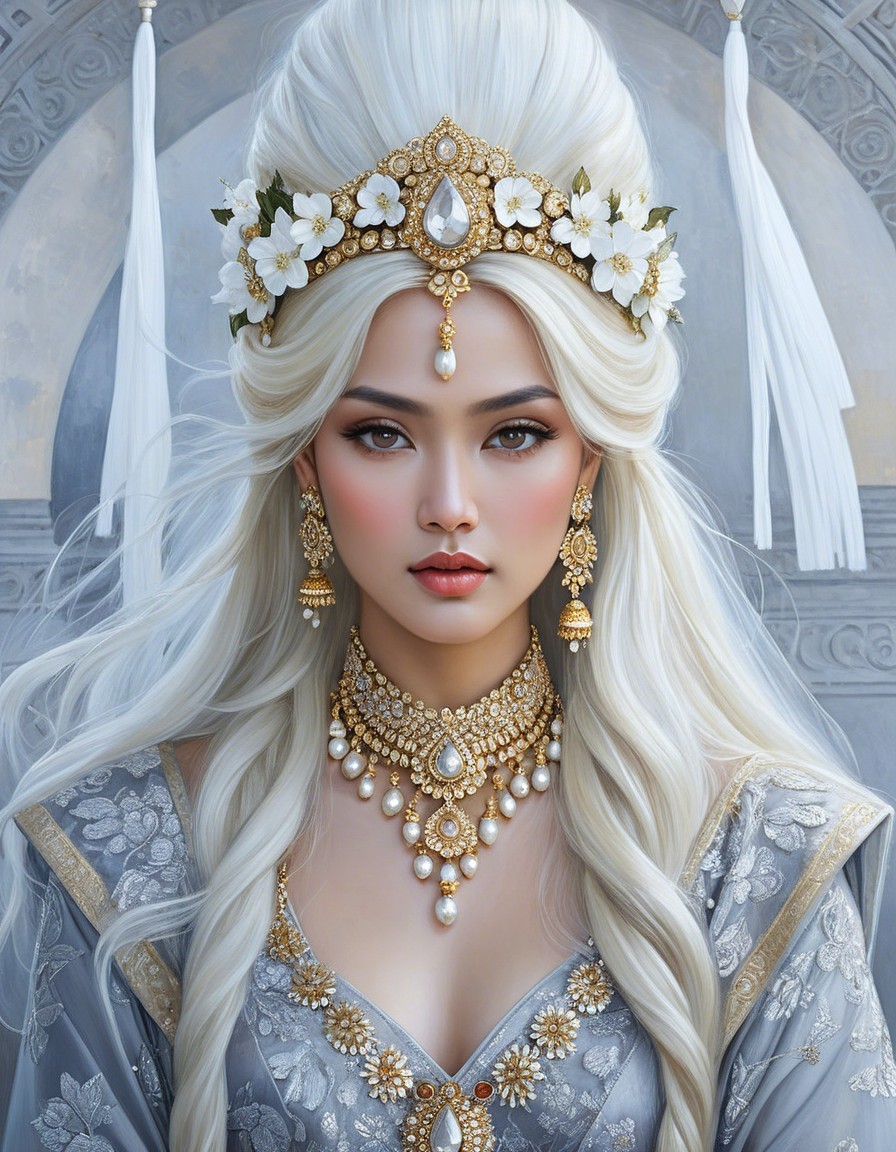 Regal figure with white hair and floral crown