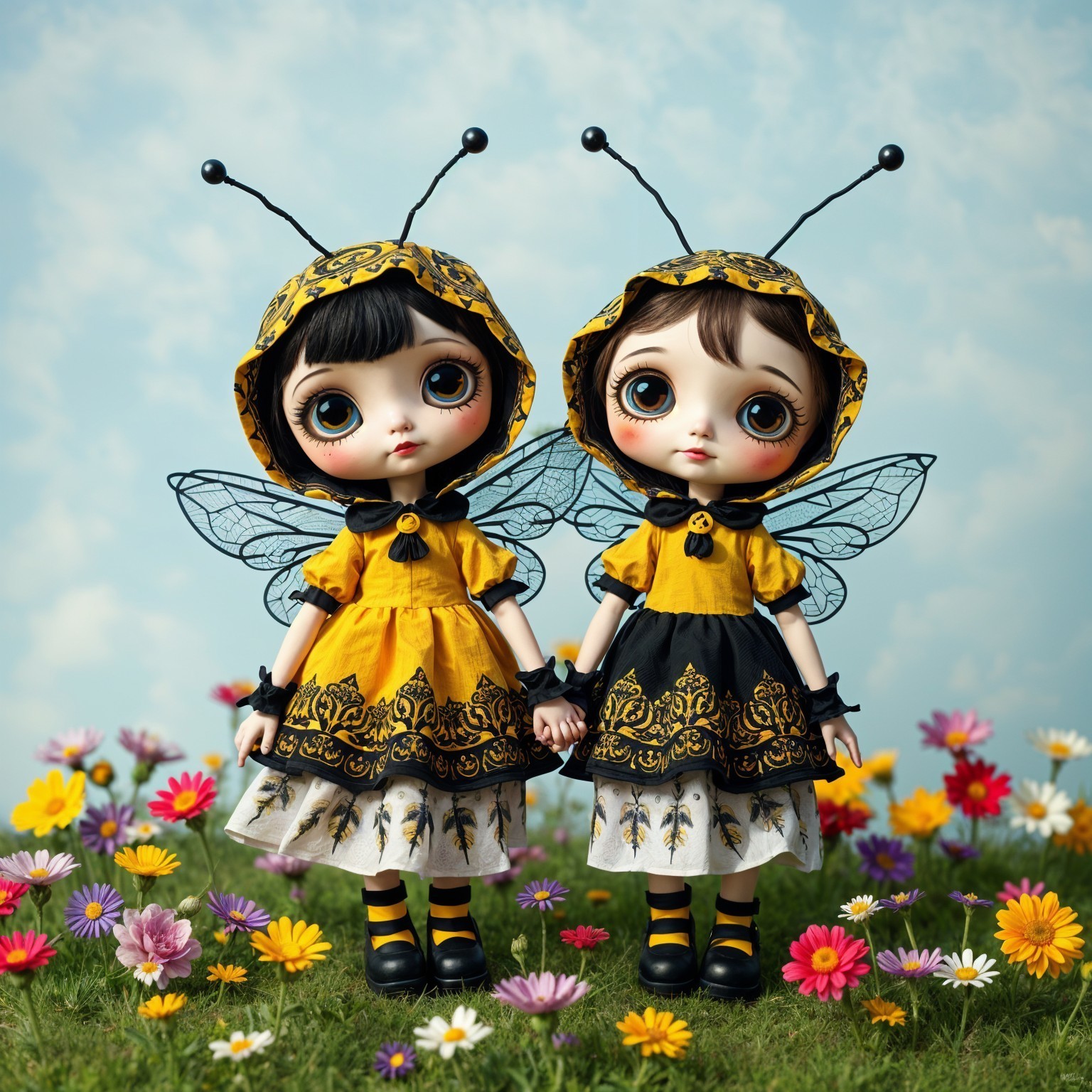 Whimsical Dolls in Flower Field with Bee Motifs