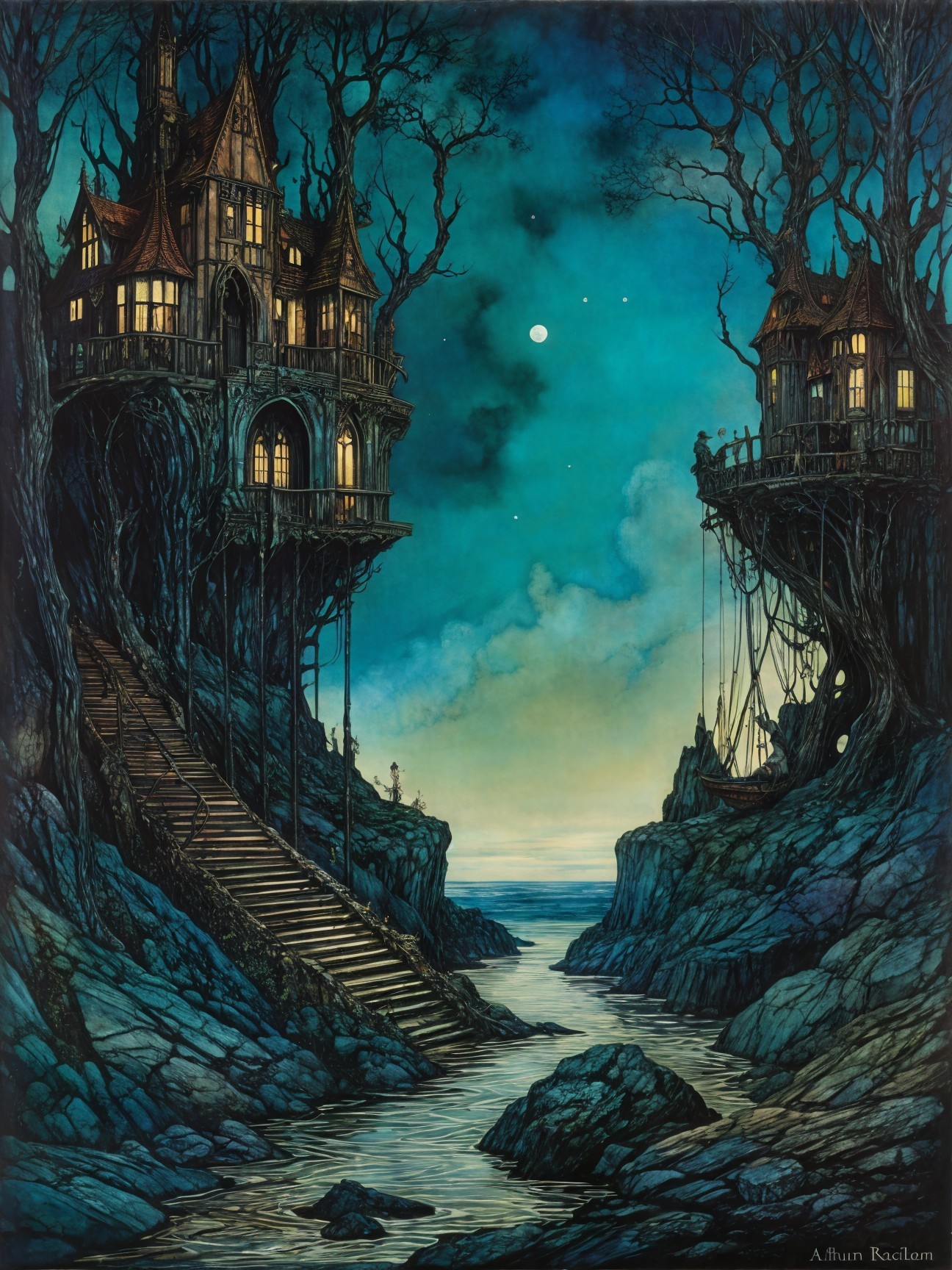 Whimsical Houses on Cliffs Under Moonlit Sky