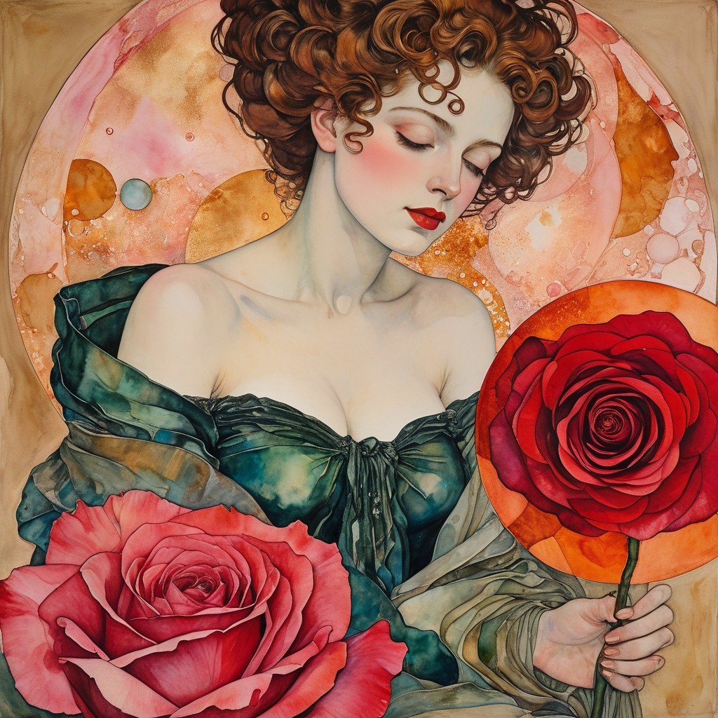 Young Woman with Curly Hair and Red Roses in Pastels