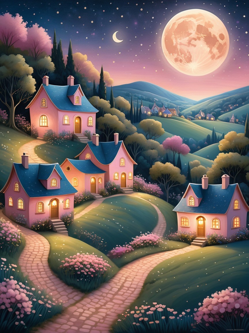 Whimsical Landscape with Charming Houses and Moonlight