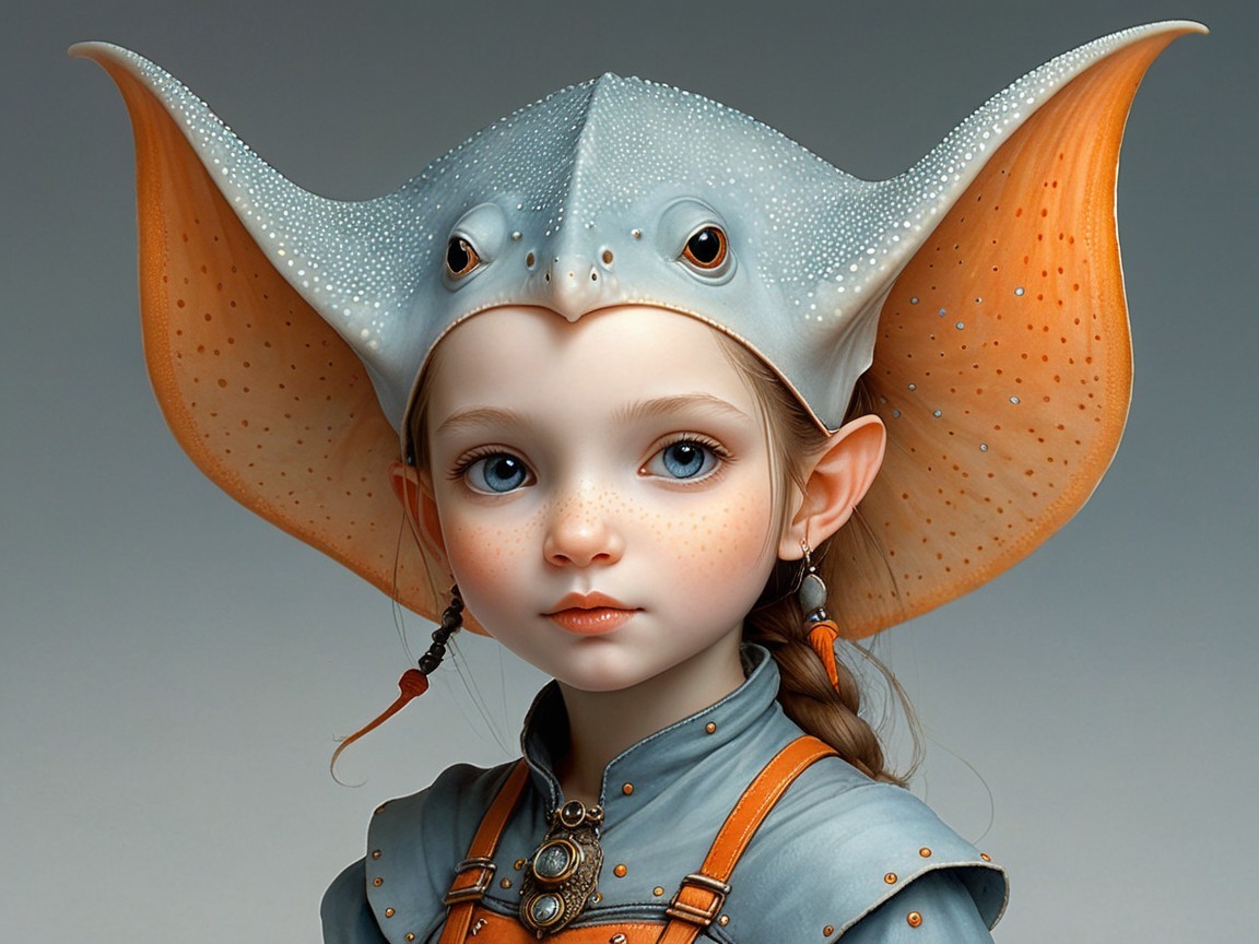 Young girl in whimsical stingray hat with blue eyes