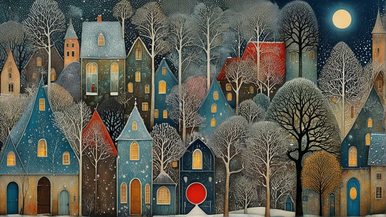 Charming Snowy Village Scene with Colorful Houses