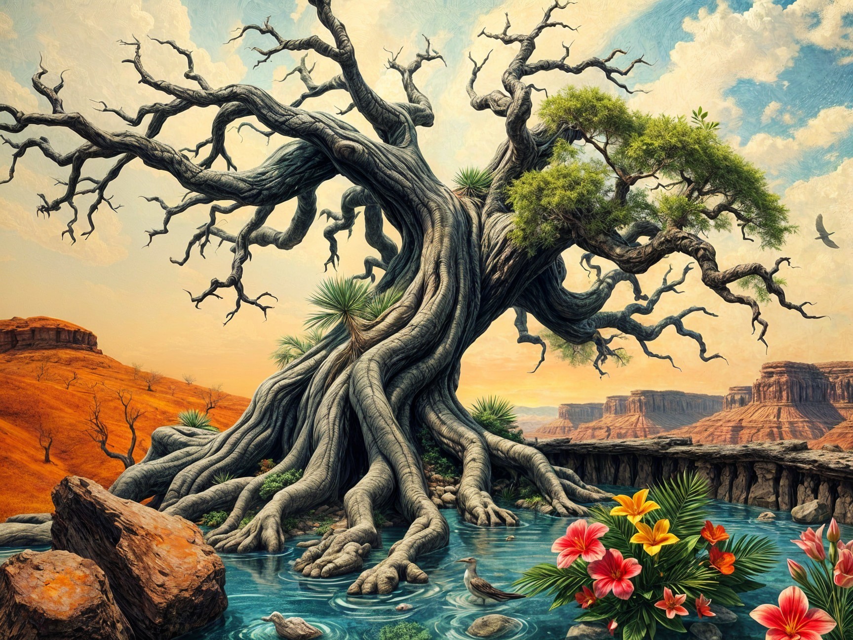 Majestic tree by tranquil pool in desert landscape