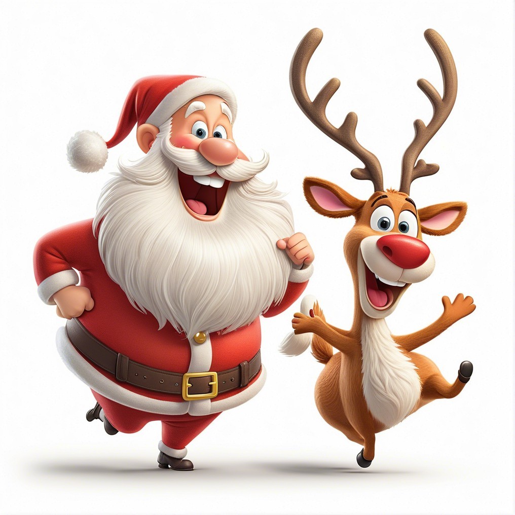 Cartoon Santa Claus and Reindeer in Christmas Scene