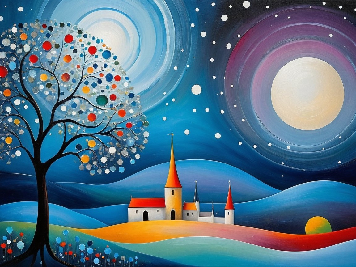 Whimsical Landscape with Colorful Tree and Moonlight