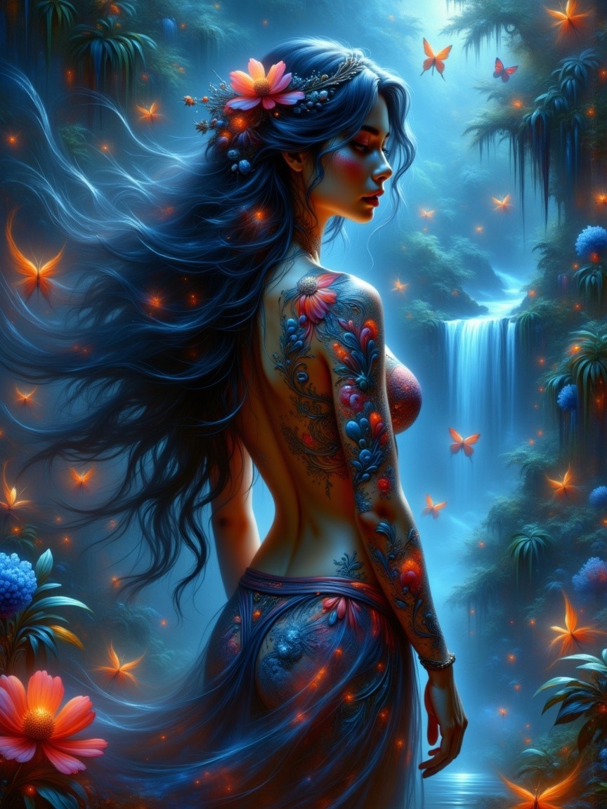 Mystical Woman in Enchanted Forest with Waterfall