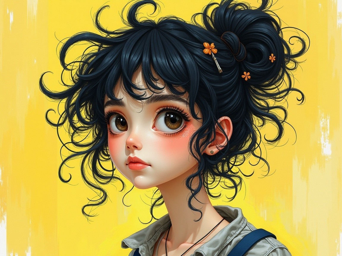 Young girl with curly hair and orange flowers in bun