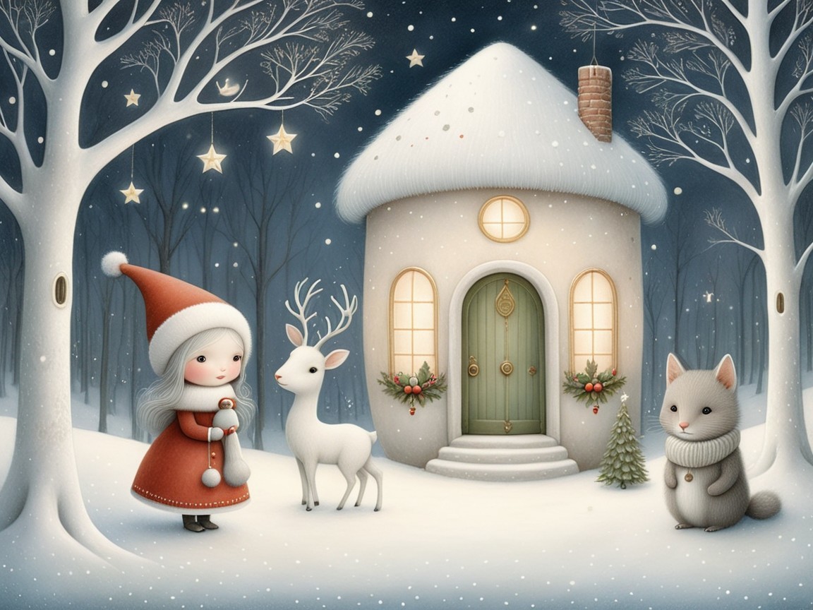 Whimsical Winter Scene with Girl and White Deer