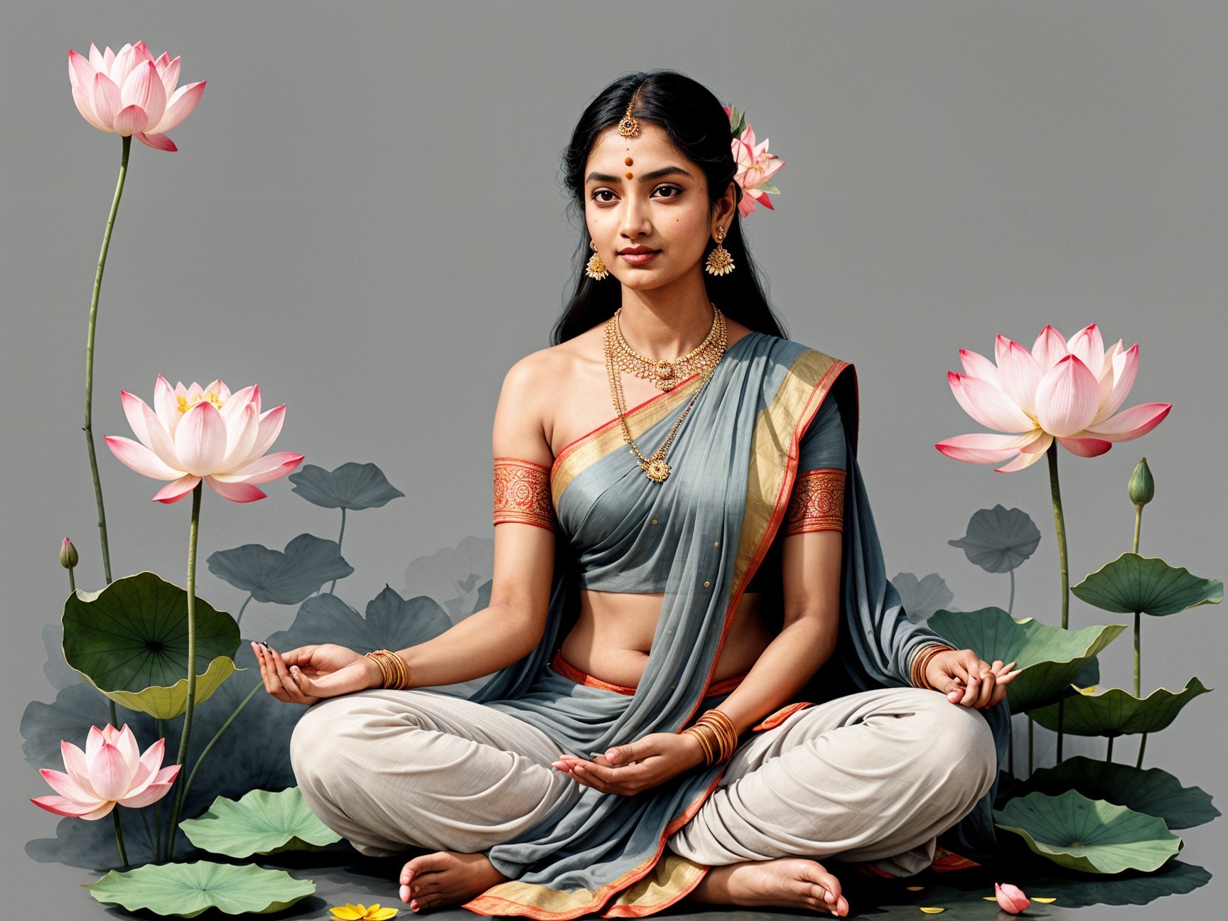 Serene Woman in Traditional Attire Surrounded by Lotuses