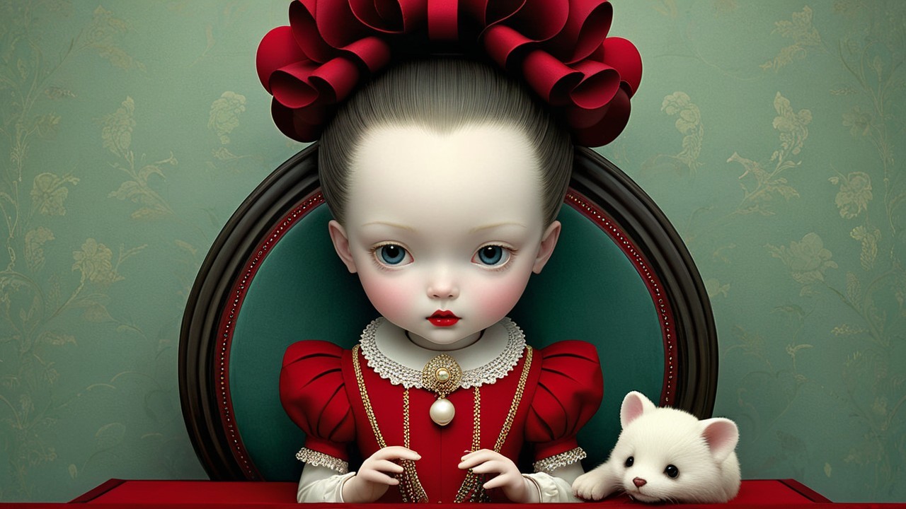 Porcelain Doll in Red Gown with Fluffy Companion