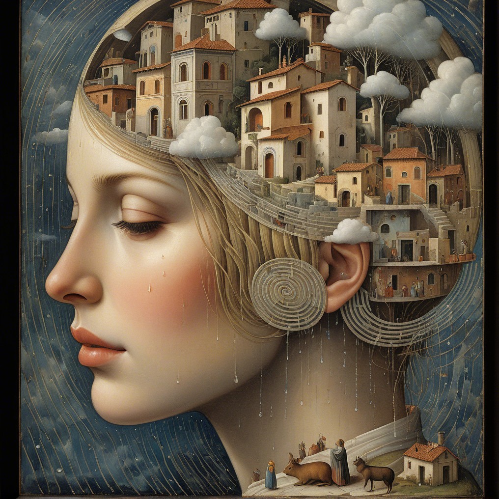 Profile of a Woman with Whimsical Landscape Elements