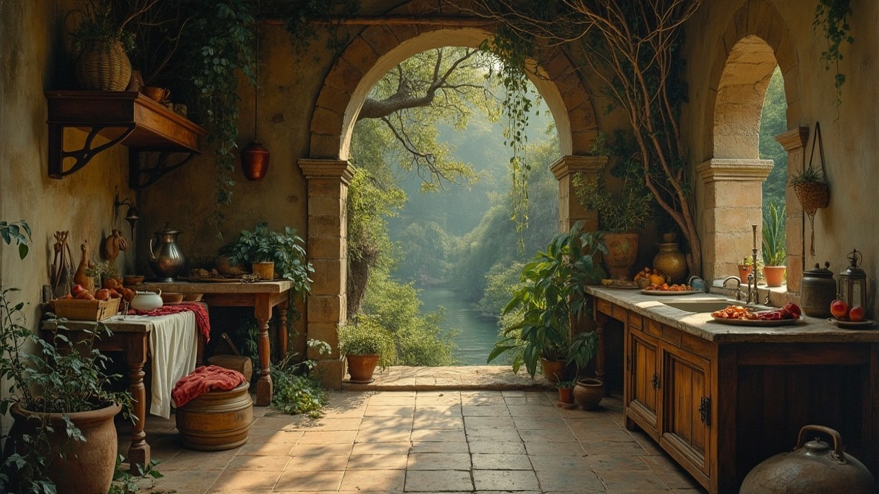 Rustic Kitchen with River View and Lush Greenery