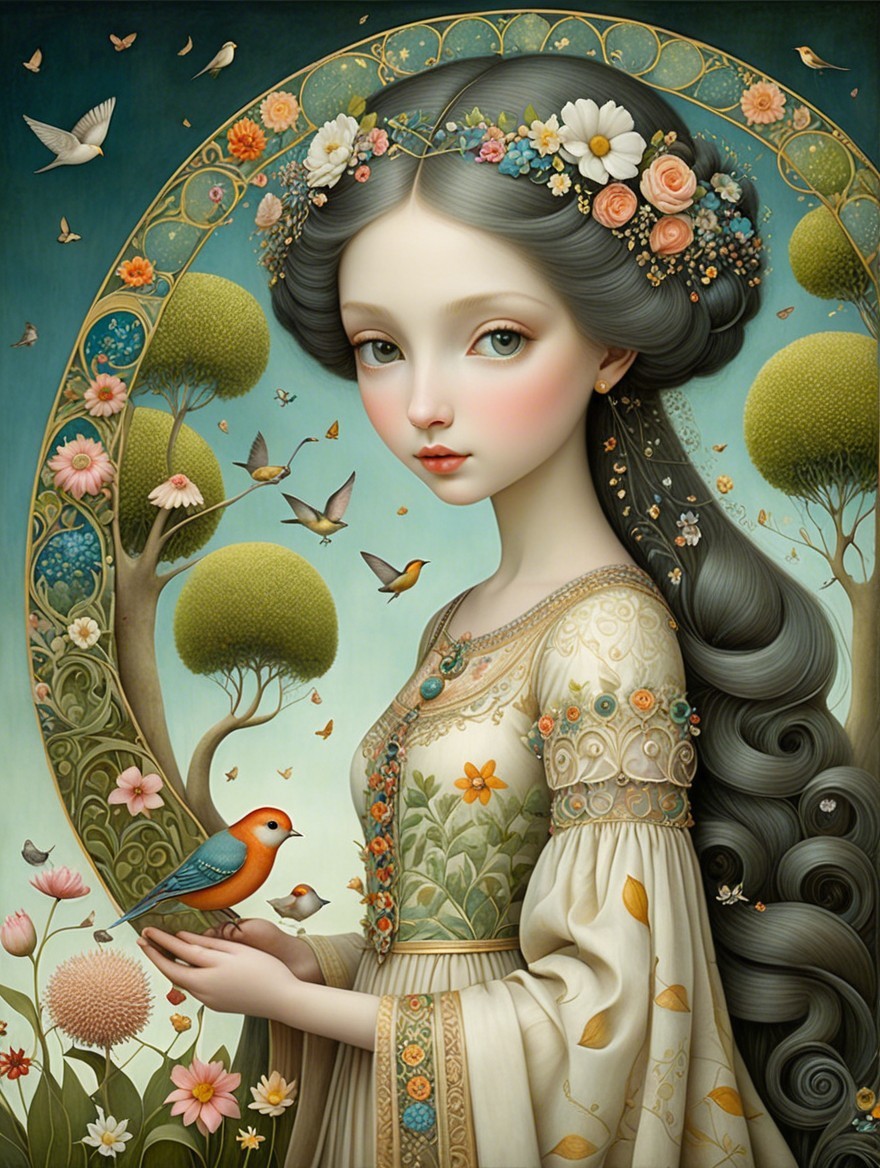 Ethereal girl with flowers and a small bird in hand