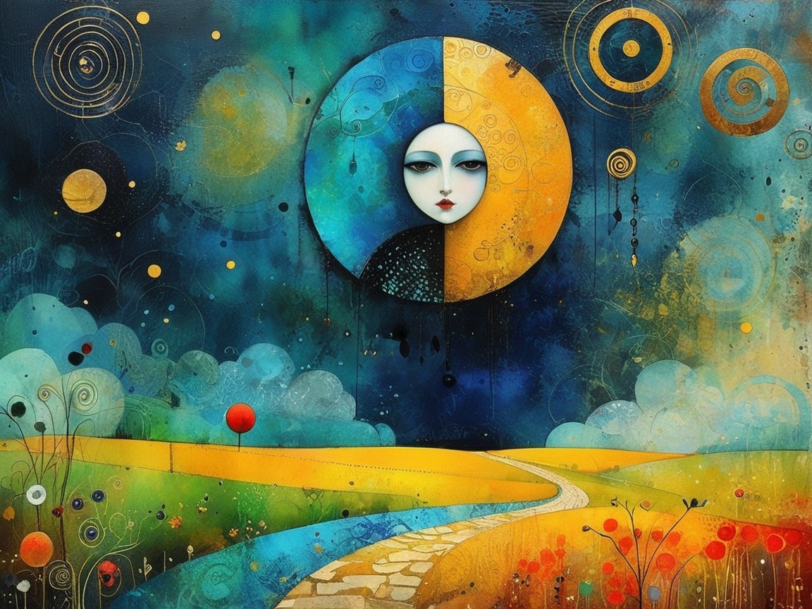 Abstract Landscape with Divided Face and Whimsical Flora