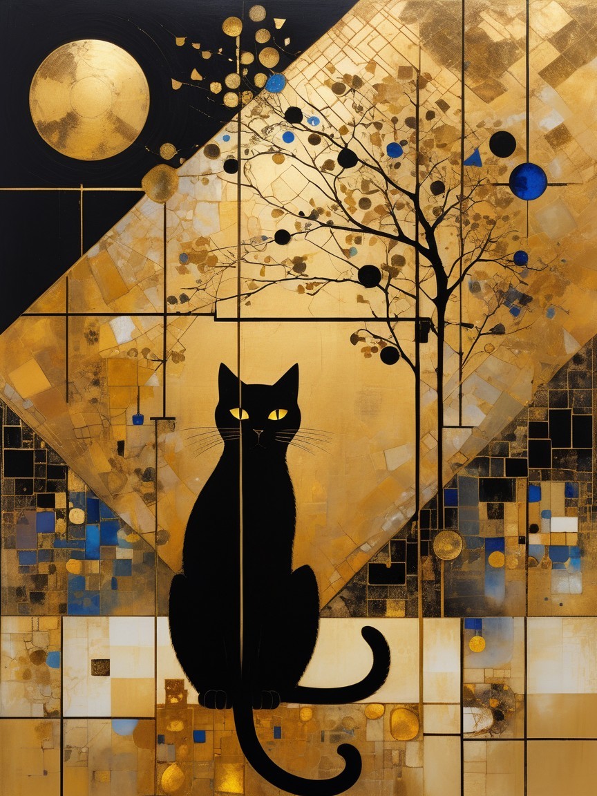 Abstract Artwork of Black Cat on Golden Background