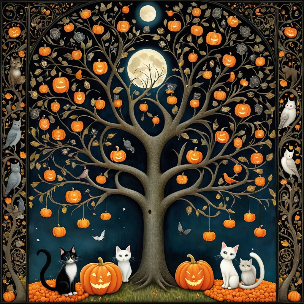 Whimsical Halloween Scene with Cats and Pumpkins