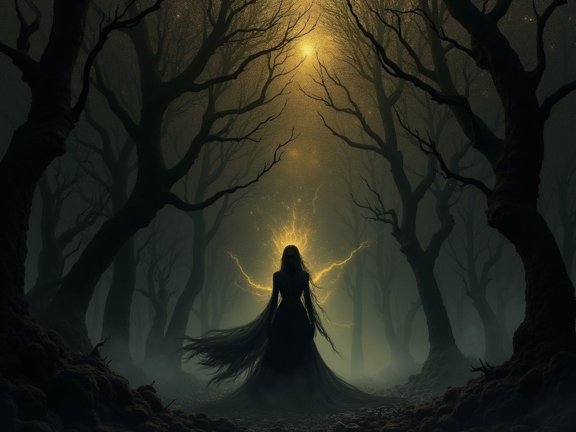 Silhouetted Figure in an Eerie Forest Setting