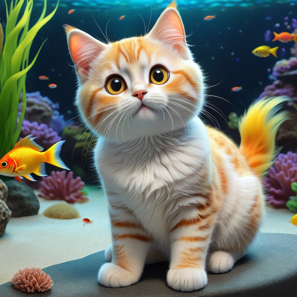 Orange and white kitten in vibrant underwater scene