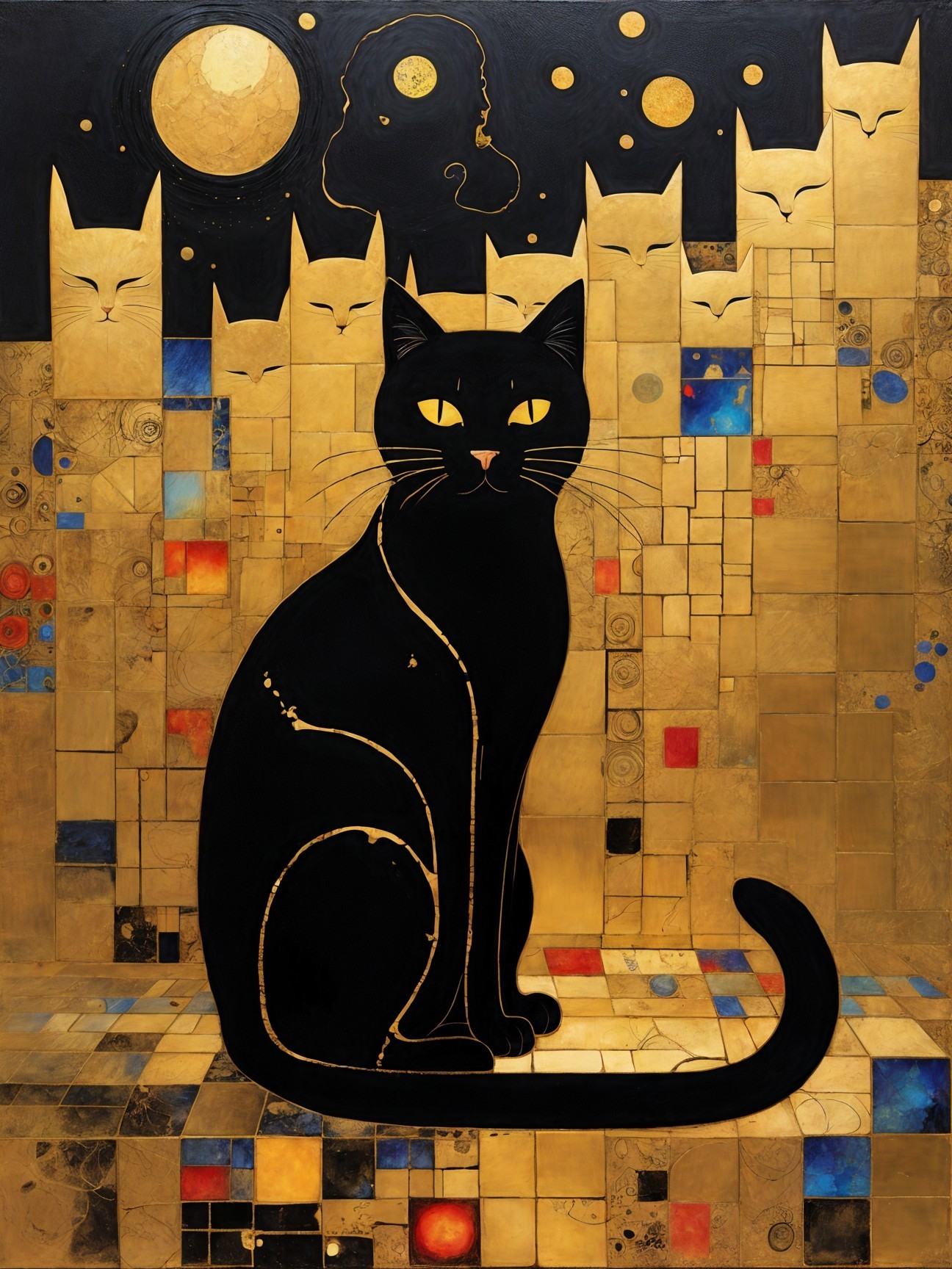 Large Black Cat with Golden Figures and Geometric Patterns