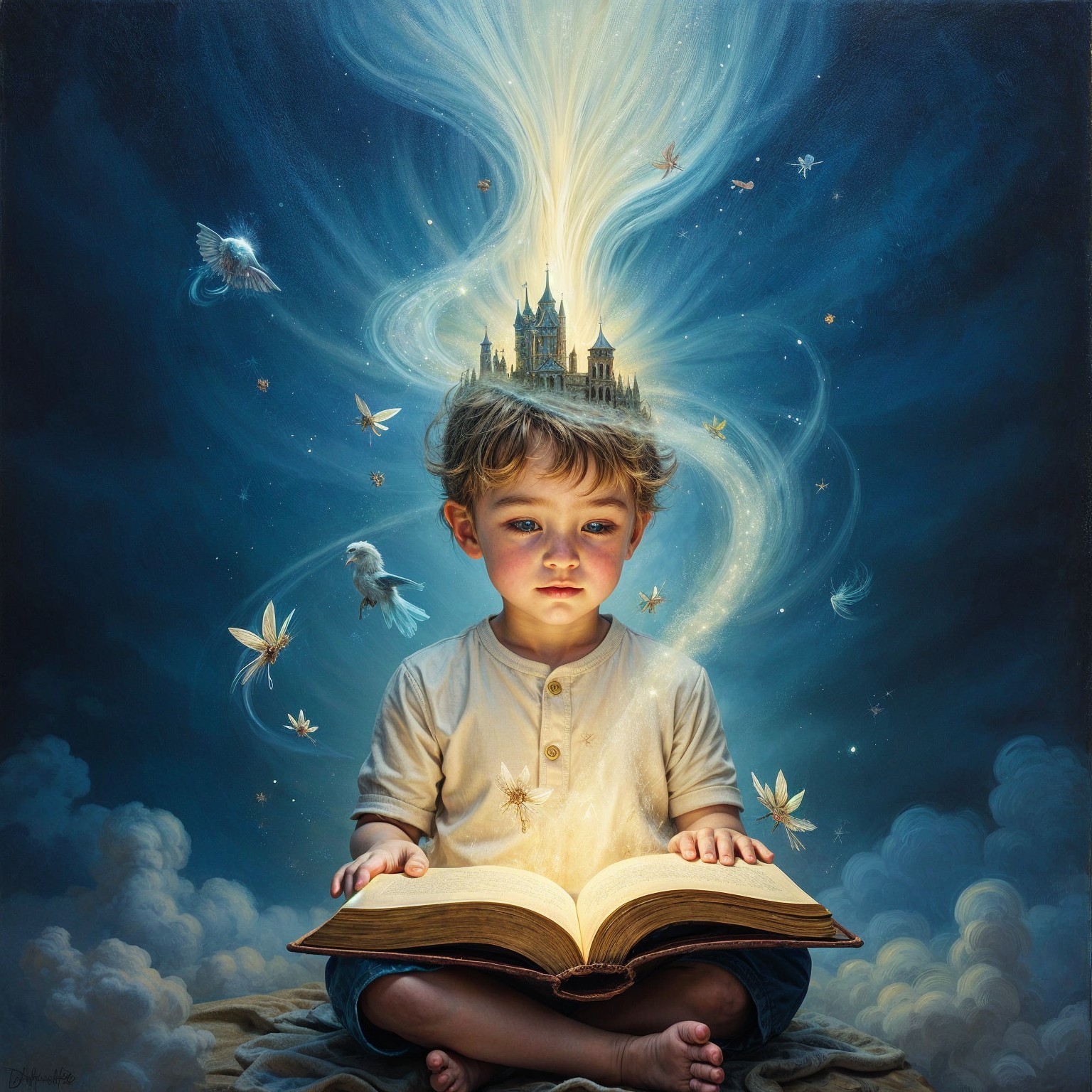 Young boy reading a glowing book with fairy castle scene