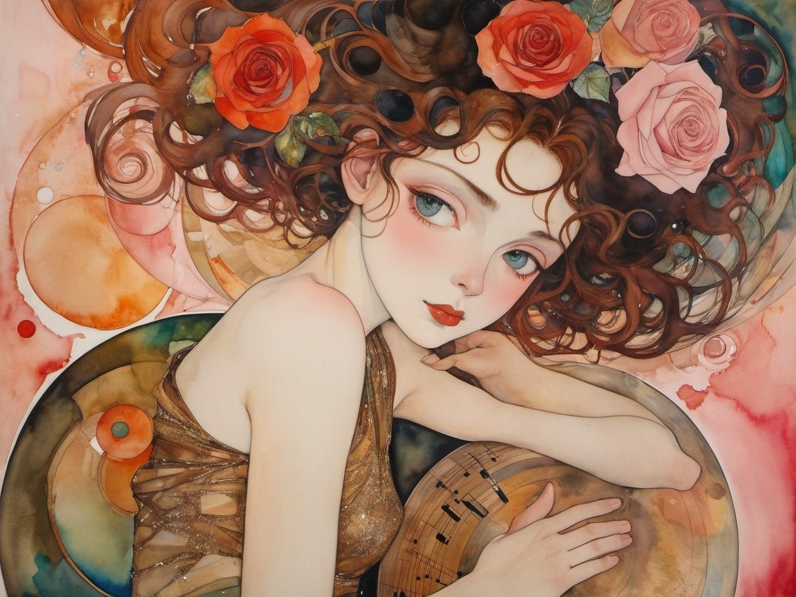 Portrait of a Young Woman with Curly Hair and Roses
