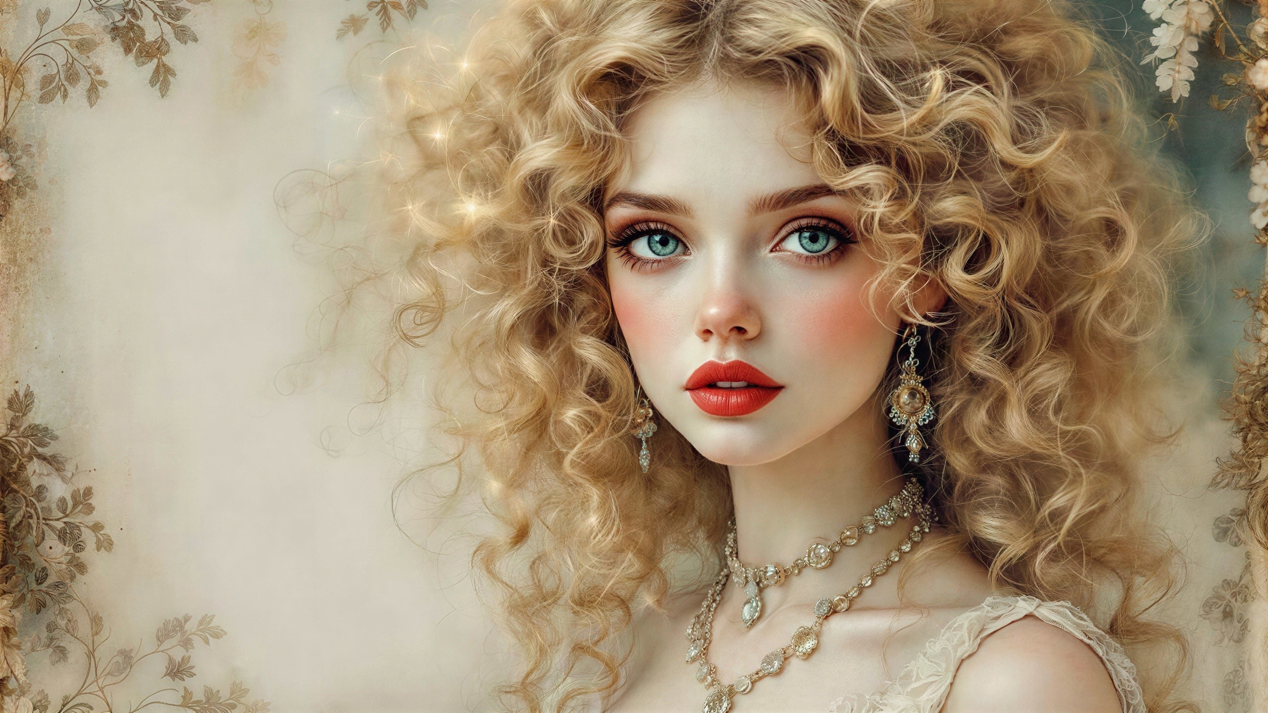 Portrait of a woman with long blonde curls and jewelry