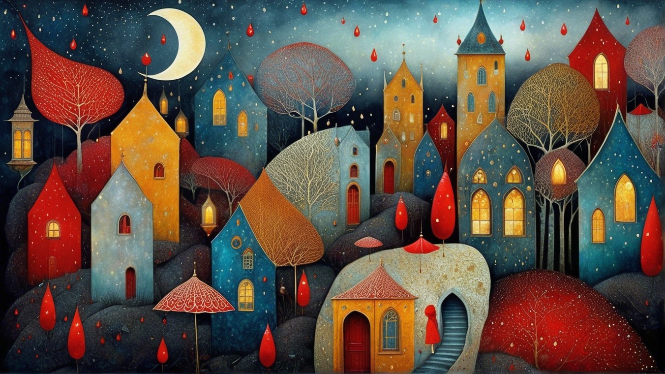 Whimsical Landscape with Colorful Houses and Moonlight