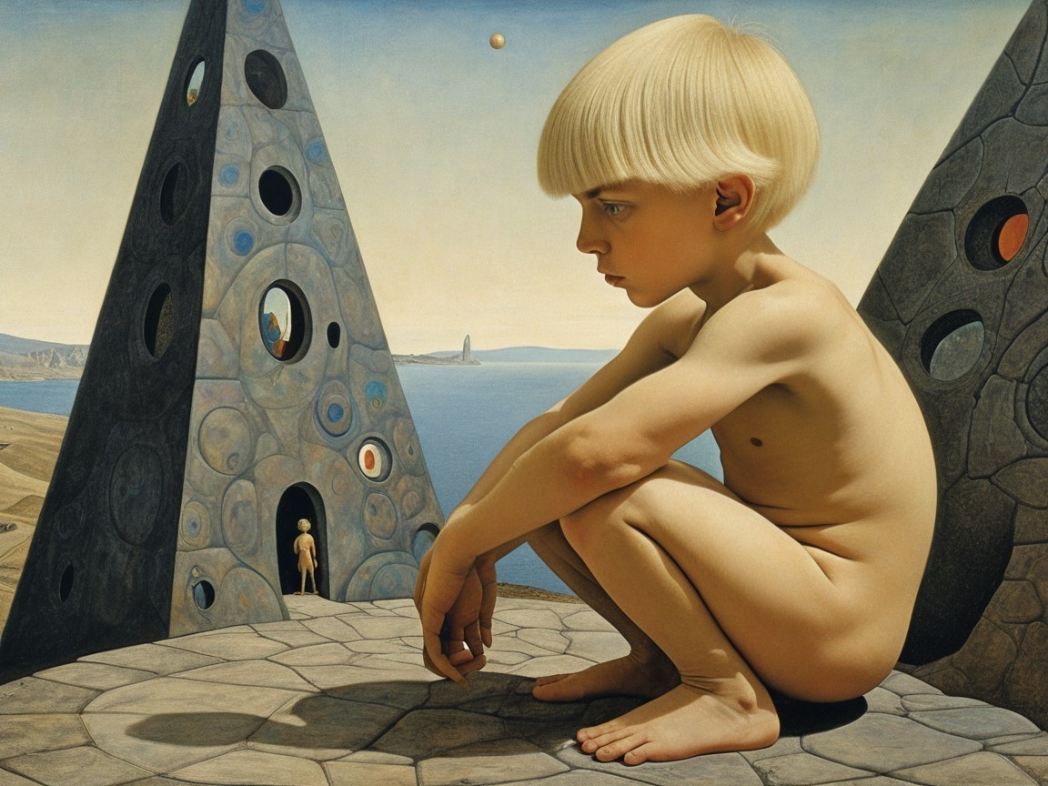 Surreal Landscape with Boy and Geometric Structures