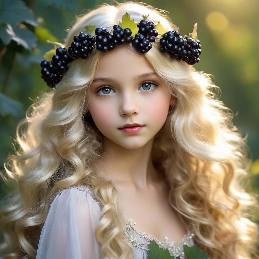 Young girl with blue eyes in a berry crown dress