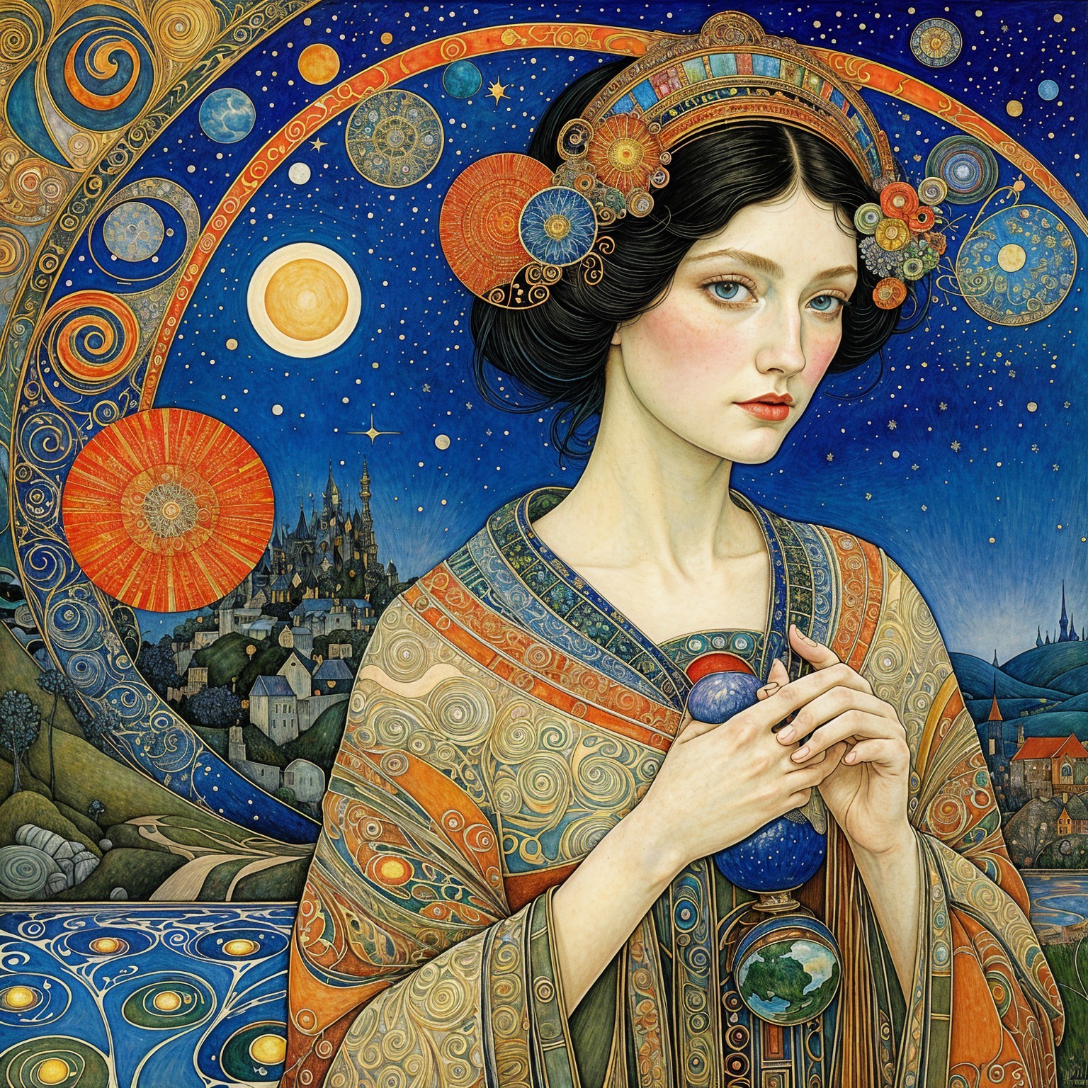 Serene Woman in Cosmic Setting with Celestial Sphere