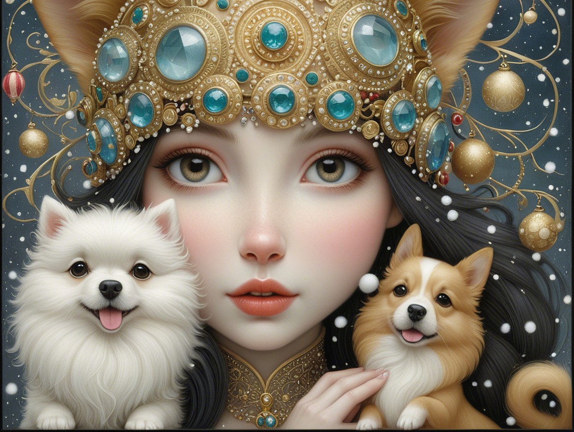 Serene woman with golden crown and fluffy dogs in snow