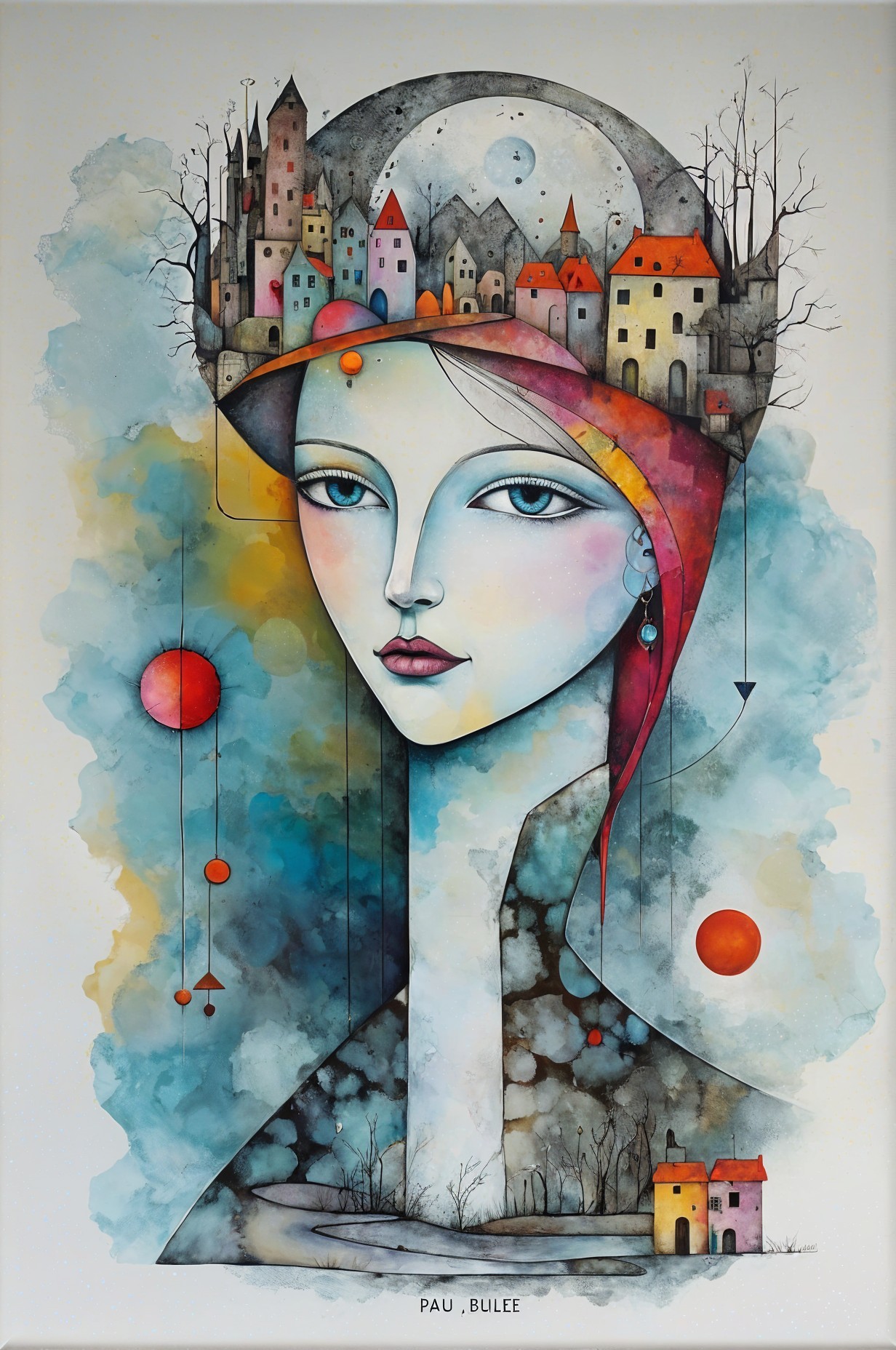 Surreal Portrait of Woman with Whimsical Cityscape