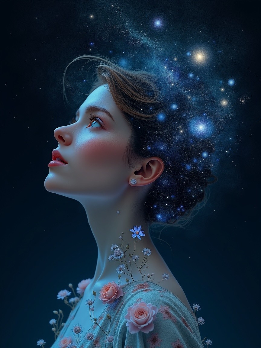 Portrait of a woman with a cosmic-themed background